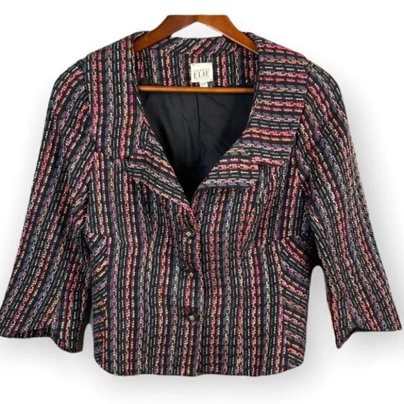 ISABELLE ELIE Multicoloured Tweed Blazer 3/4 Tulip Sleeve Single Breasted Size S - Picture 2 of 12